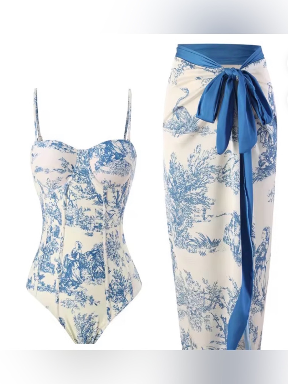Blue & Cream Toile Print Swimsuit and Sarong Set